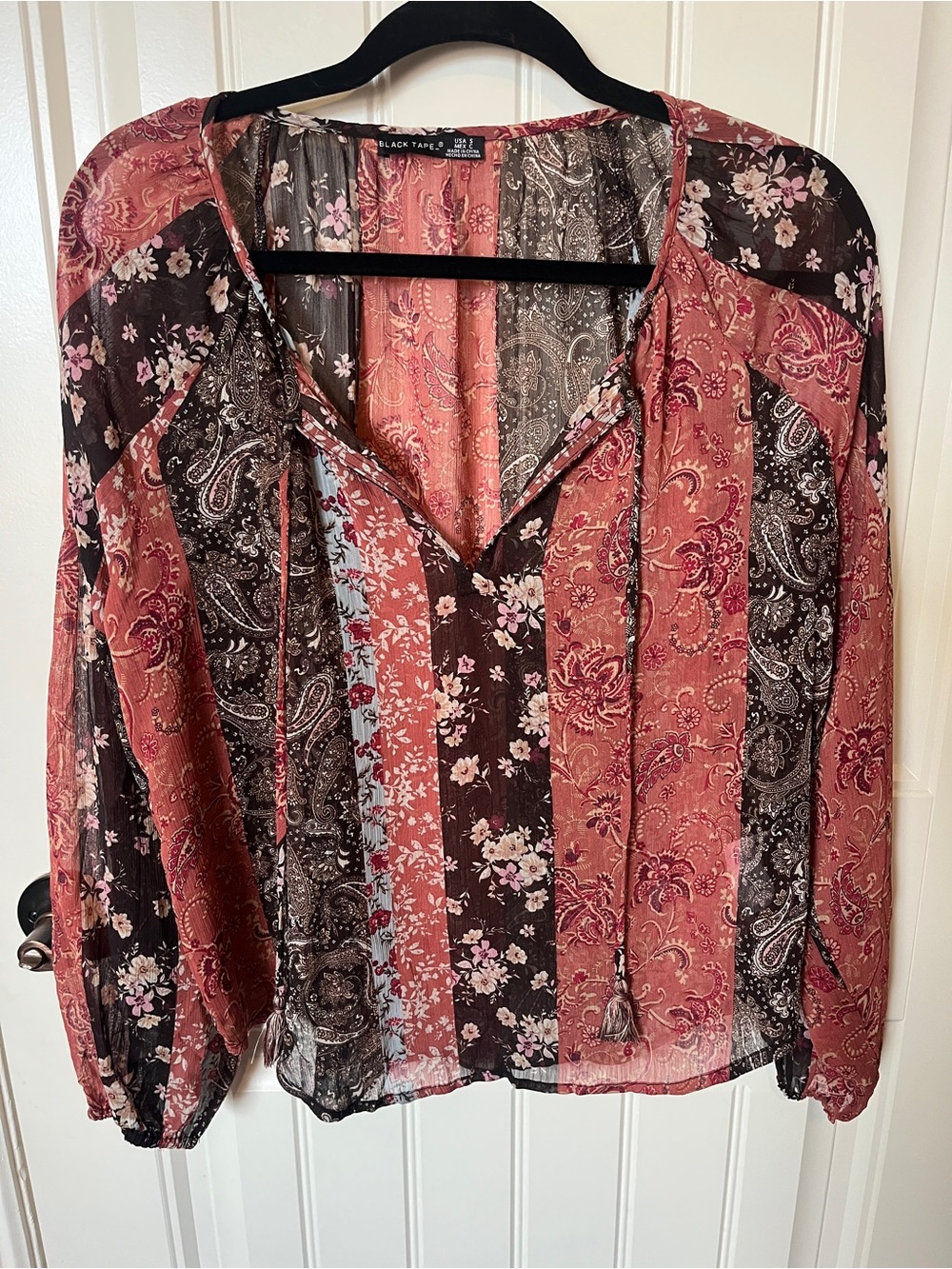 Black Tape Floral Stripe Peasant Blouse - Rust & Brown